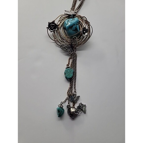 Arizona Blue Nugget Necklace - Durango Silver Company Online  Vintage Boho Mixed‎ Metal Blue Nugget Pendant Necklace Wire Nest Design Charms